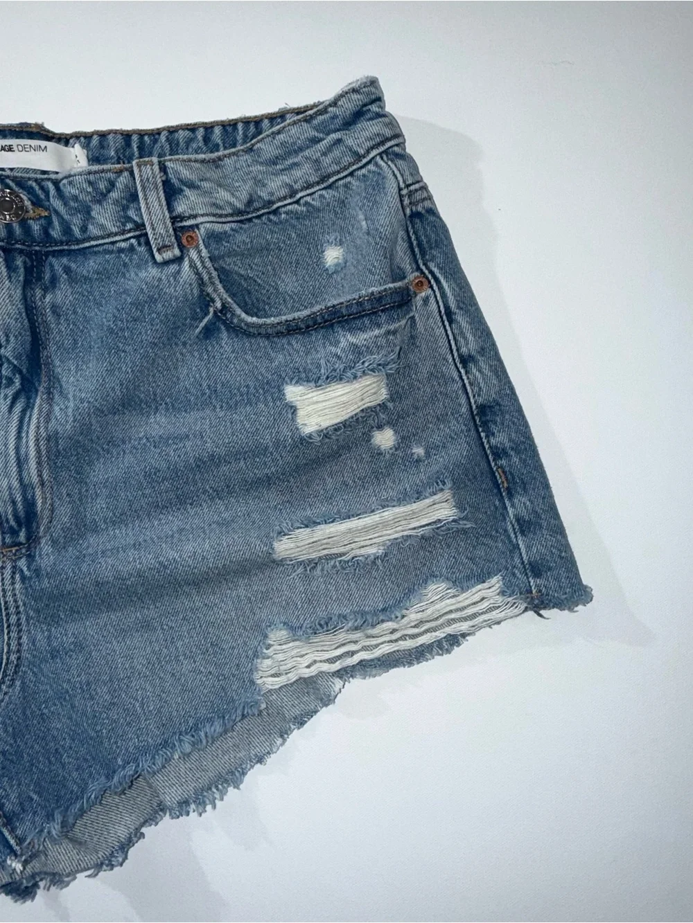 Garage Denim Festival Distressed Cutoff Jean Shorts Size 13/31 High Rise Raw Hem